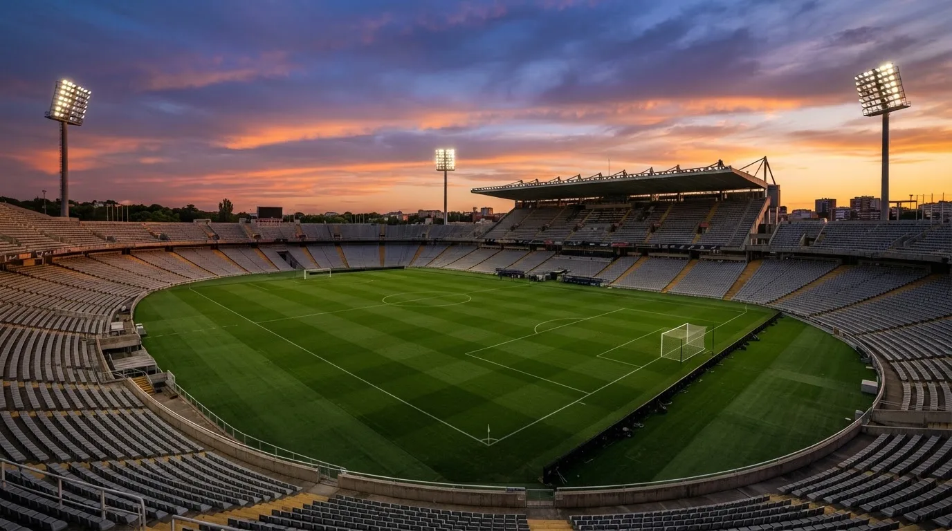 Un estadio de fútbol vacío con torres de iluminación al atardecer