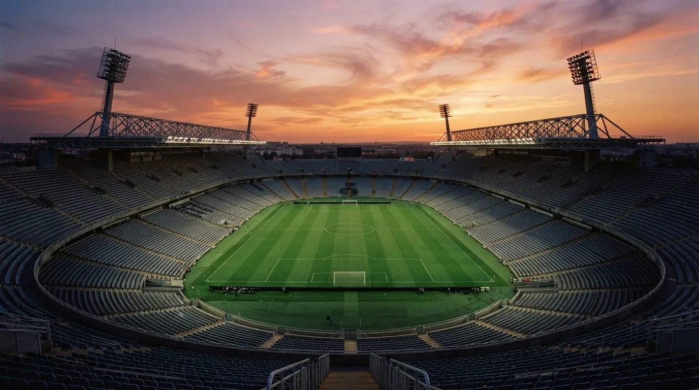 Un estadio de fútbol vacío con torres de iluminación al atardecer