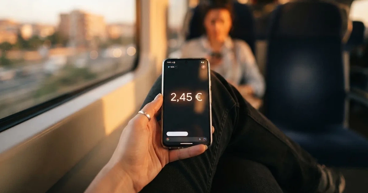 Una mano sostiene un móvil en el tren por la tarde, con la pantalla girada