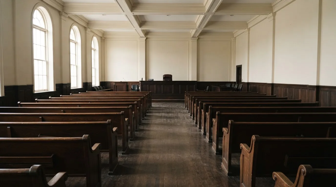 Una sala de tribunal vacía con bancos de madera a la luz de la mañana
