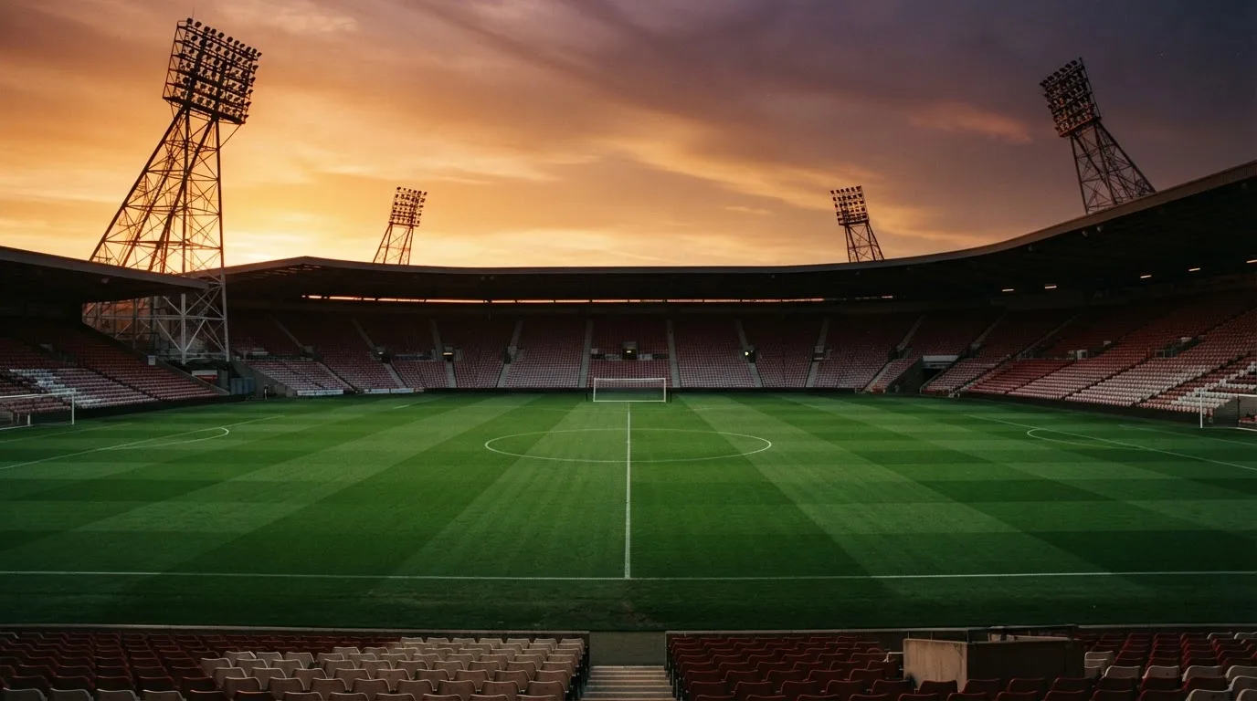 Un estadio de fútbol vacío con torres de iluminación al atardecer