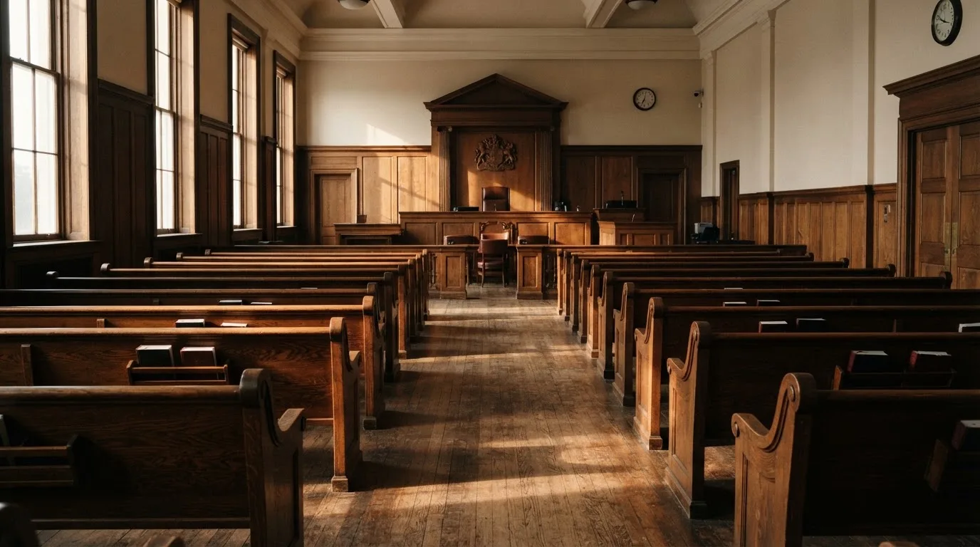 Una sala de tribunal vacía con bancos de madera a la luz de la mañana