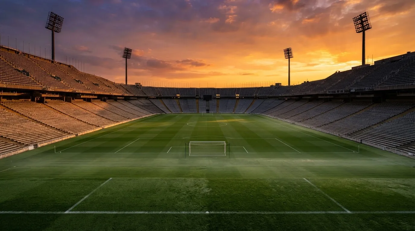 Un estadio de fútbol vacío con torres de iluminación al atardecer