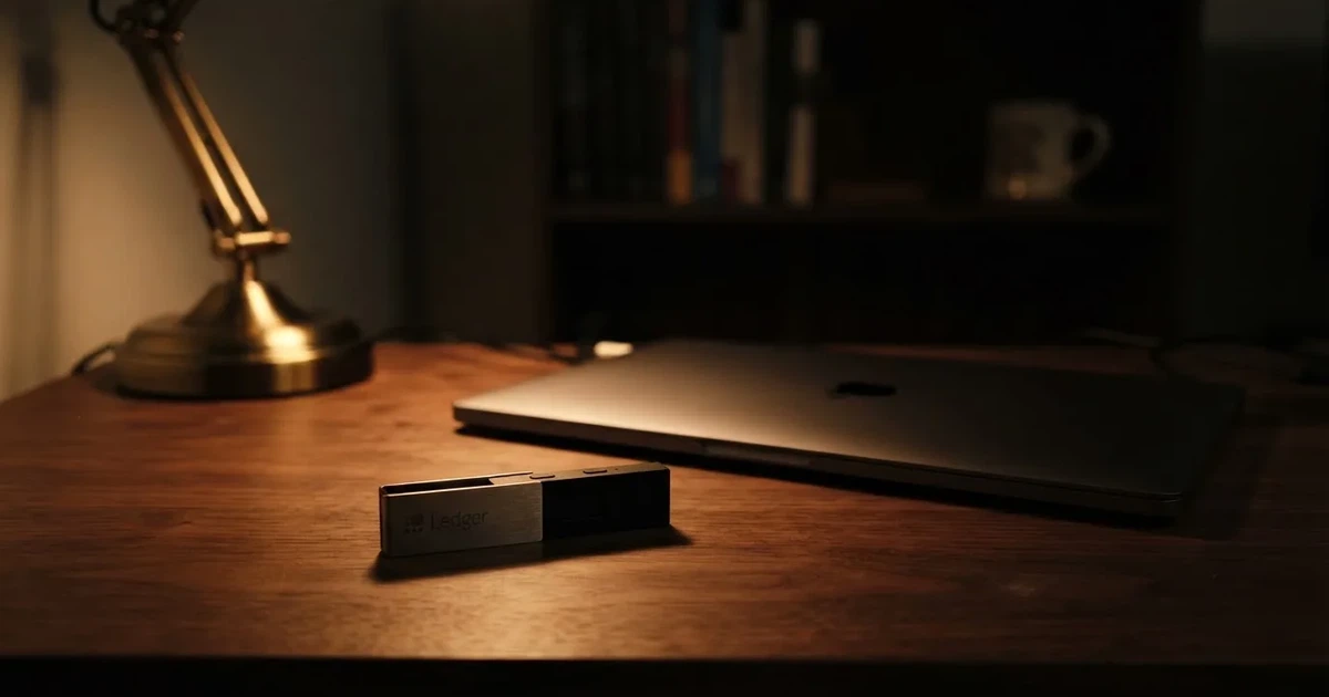 Un monedero físico de criptomonedas y un portátil cerrado sobre un escritorio con poca luz