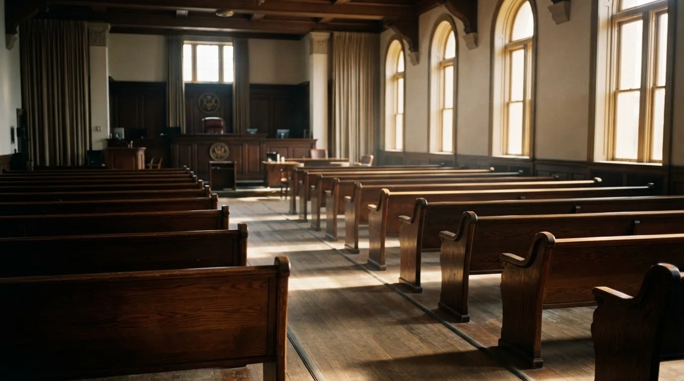 Una sala de tribunal vacía con bancos de madera a la luz de la mañana