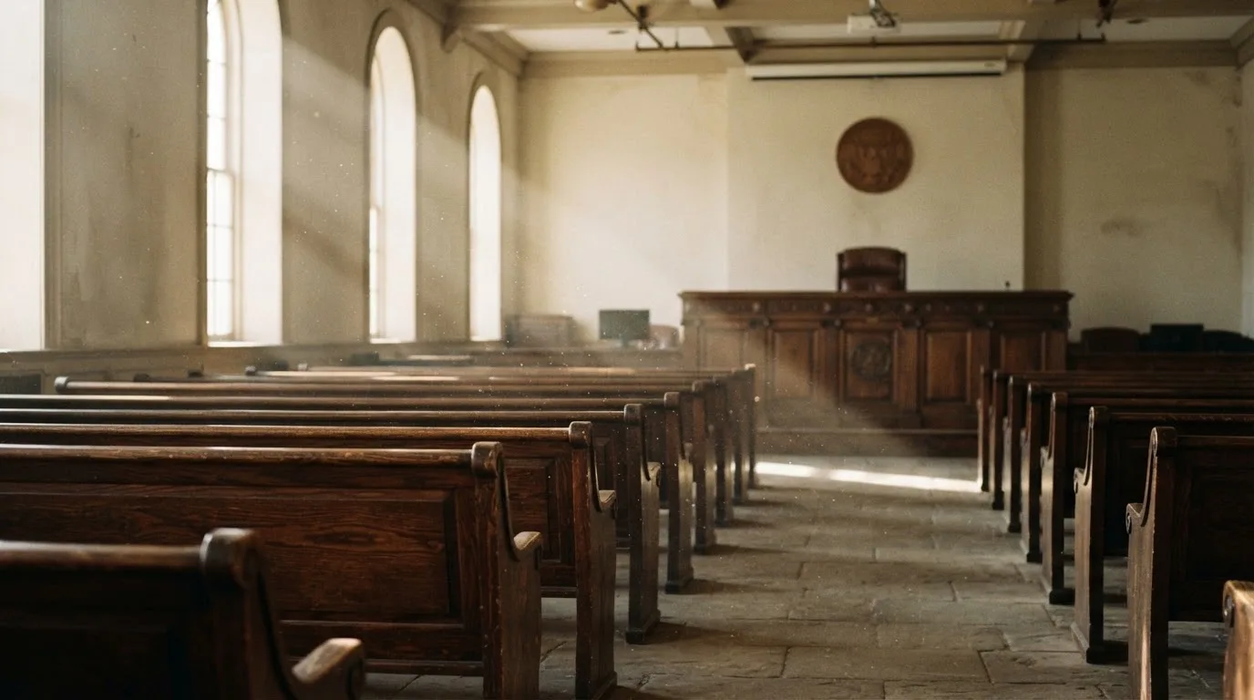Una sala de tribunal vacía con bancos de madera a la luz de la mañana