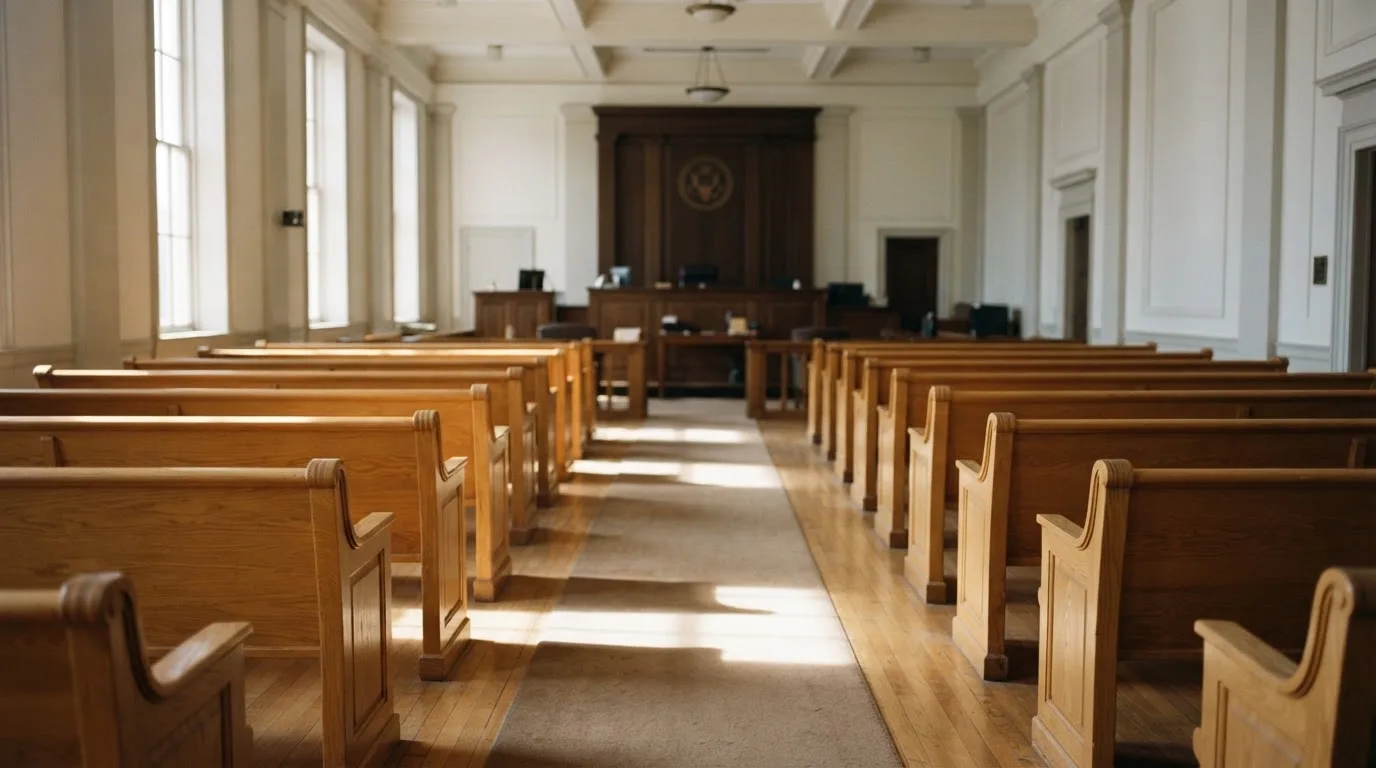 Una sala de tribunal vacía con bancos de madera a la luz de la mañana