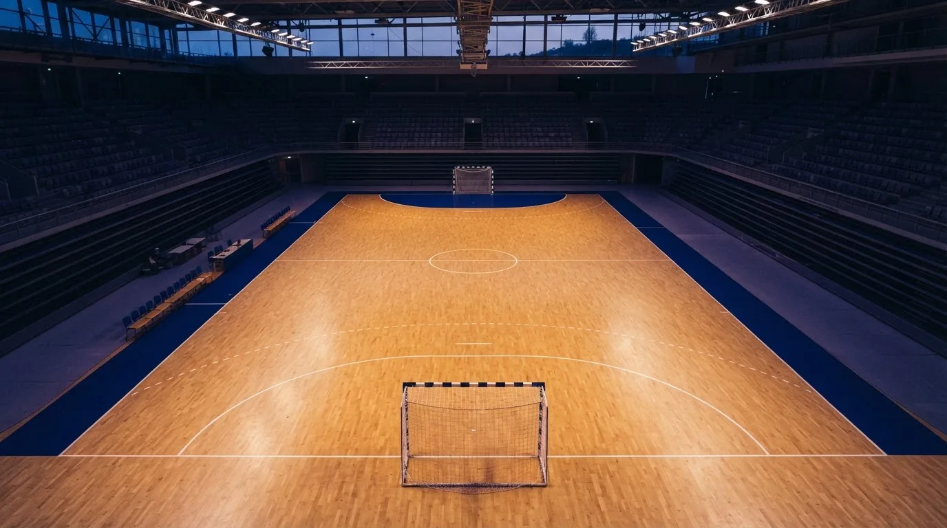 Un estadio de fútbol vacío con torres de iluminación al atardecer