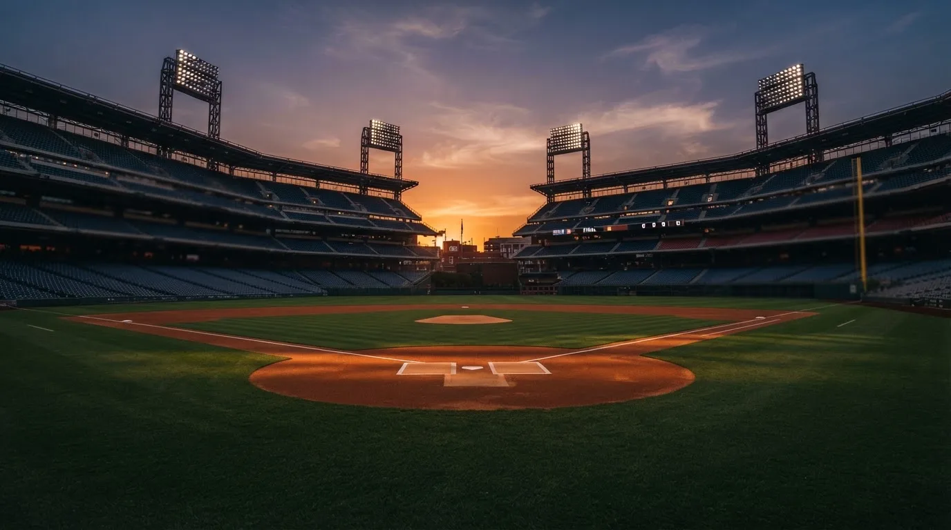Un estadio de fútbol vacío con torres de iluminación al atardecer