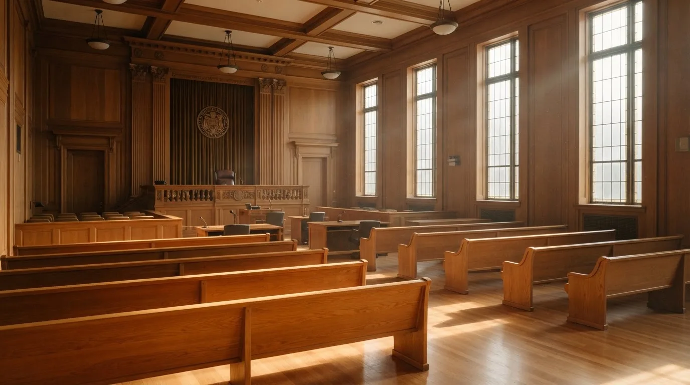 Una sala de tribunal vacía con bancos de madera a la luz de la mañana