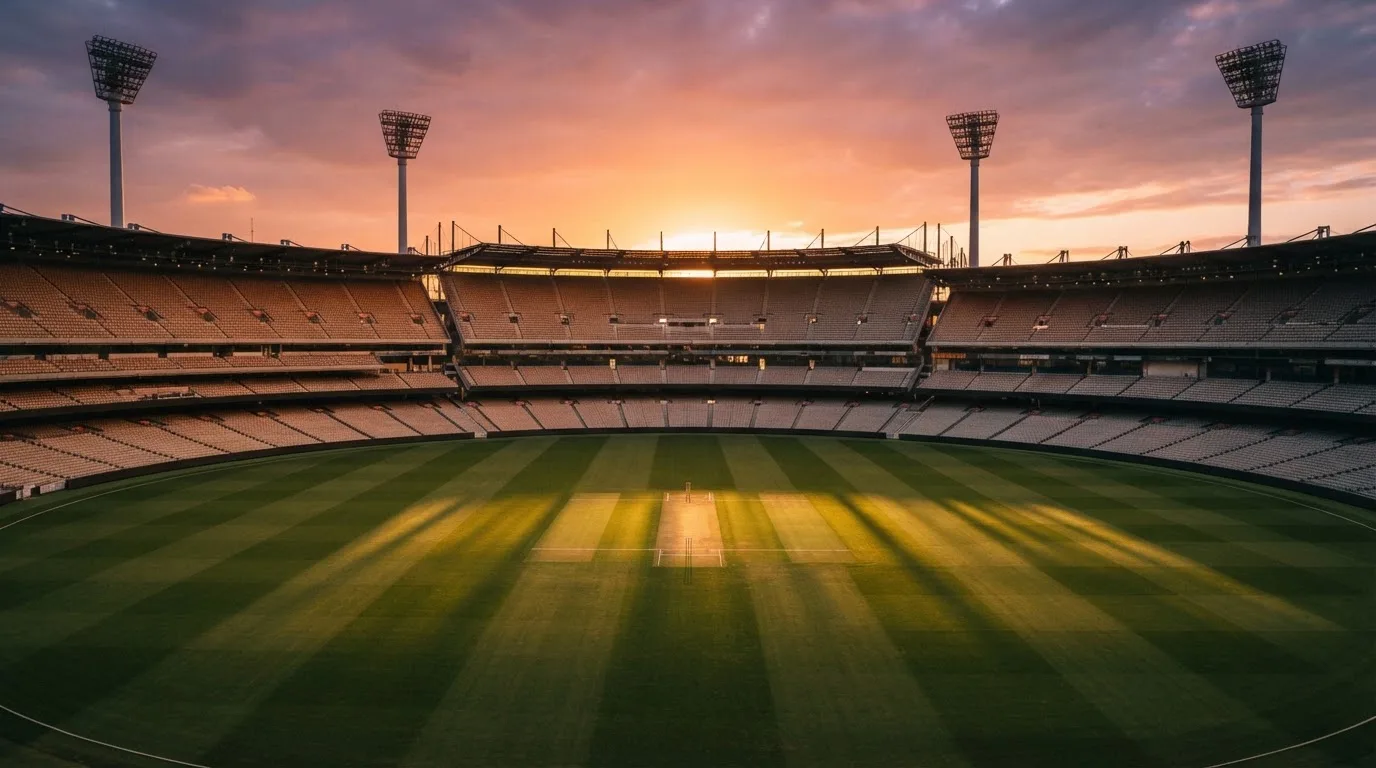 Un estadio de fútbol vacío con torres de iluminación al atardecer