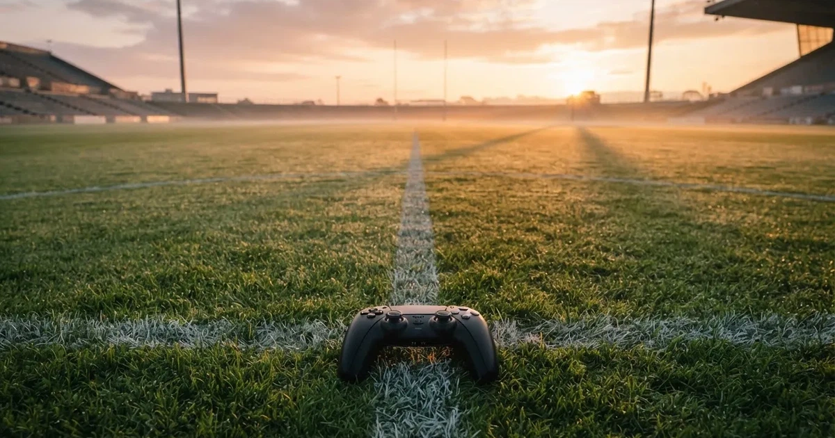 Un balón en el punto central de un campo de césped a la luz de la mañana