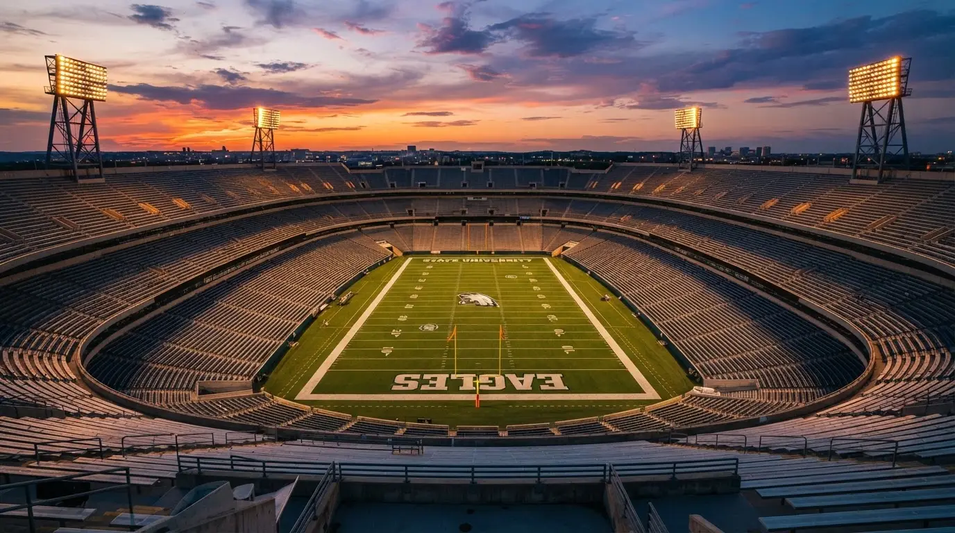 Un estadio de fútbol vacío con torres de iluminación al atardecer