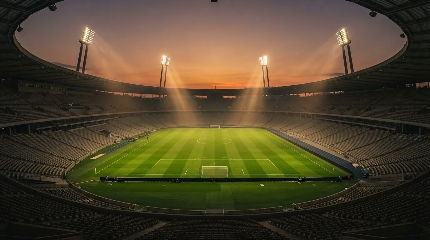 Un estadio de fútbol vacío con torres de iluminación al atardecer