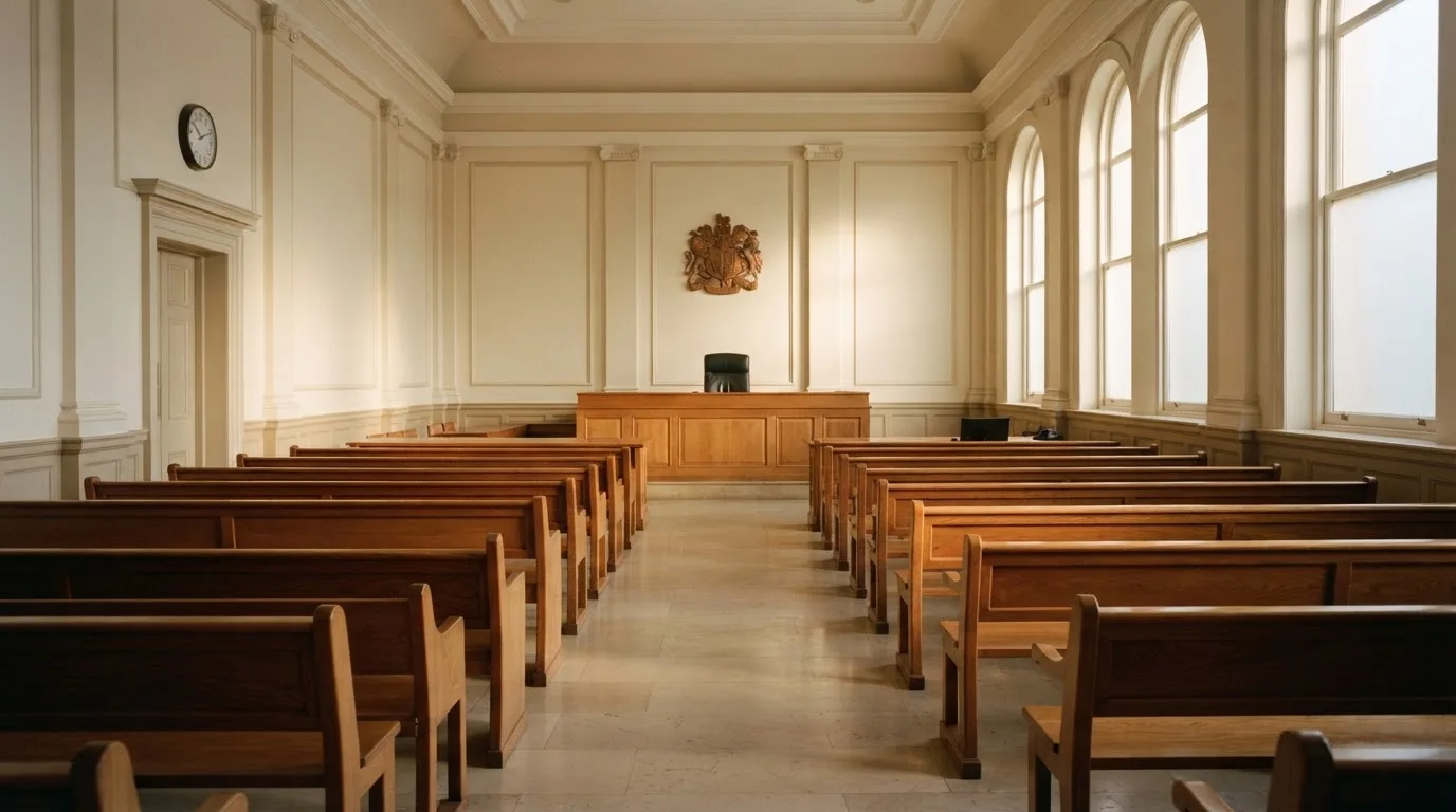 Una sala de tribunal vacía con bancos de madera a la luz de la mañana