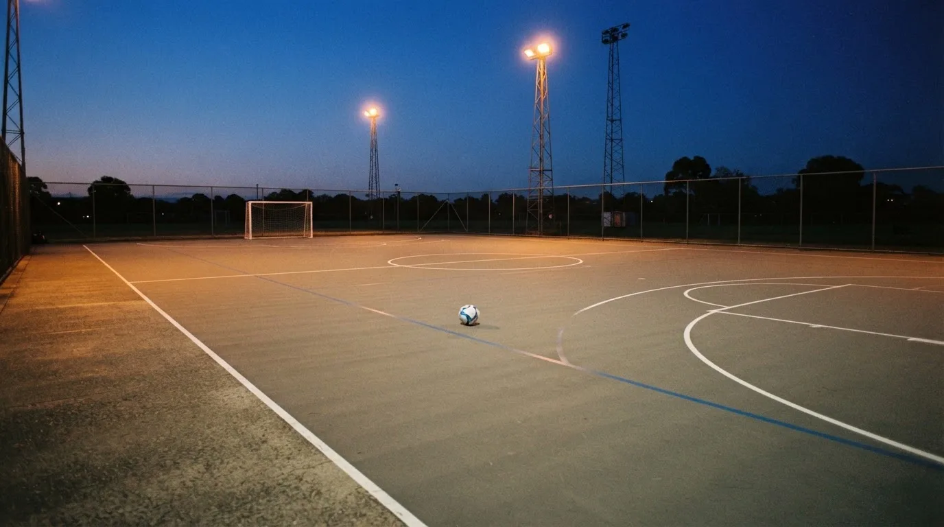 Un estadio de fútbol vacío con torres de iluminación al atardecer