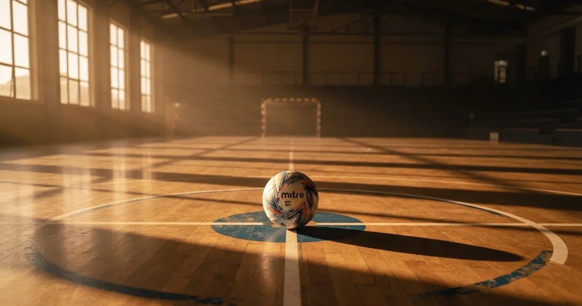 Un balón en el punto central de un campo de césped a la luz de la mañana