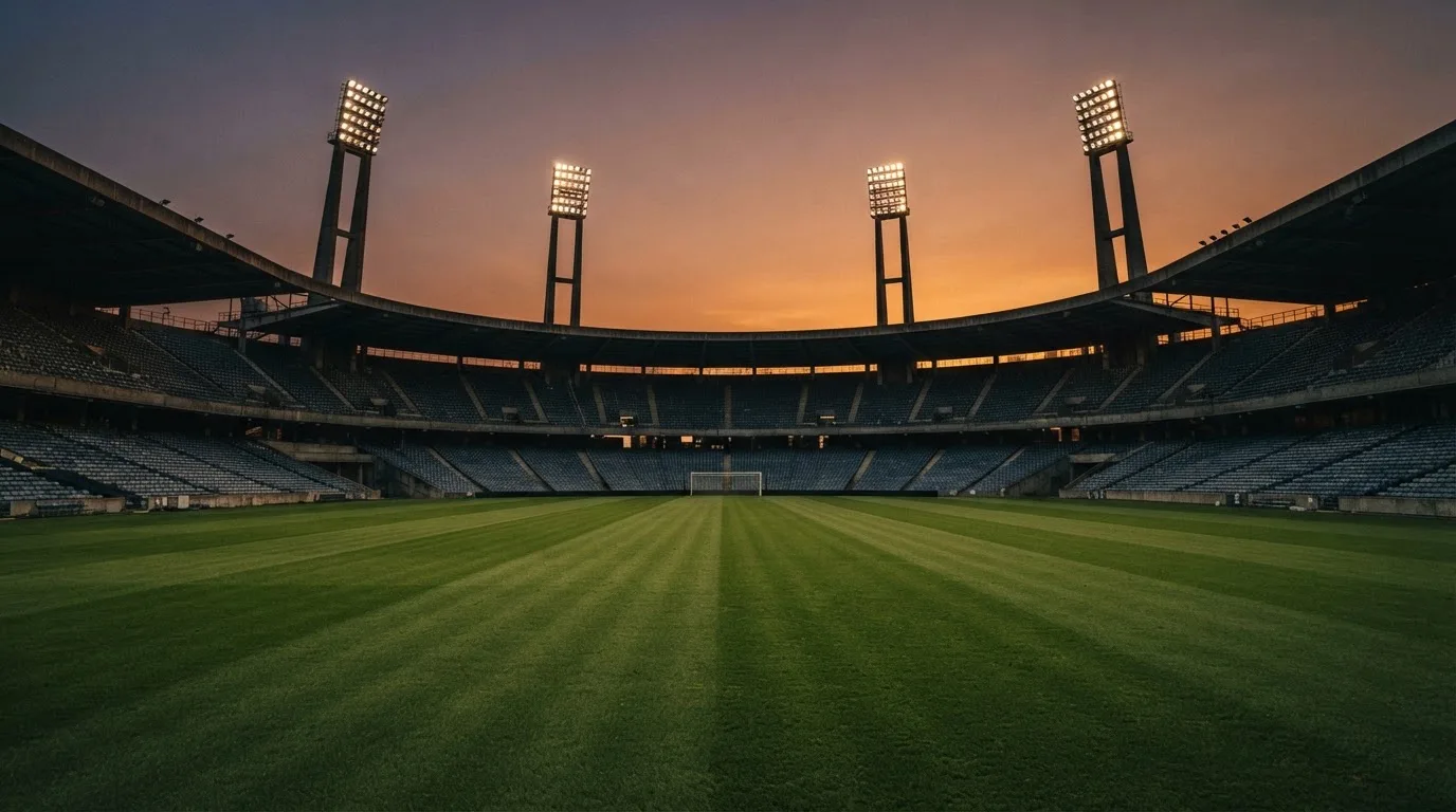 Un estadio de fútbol vacío con torres de iluminación al atardecer
