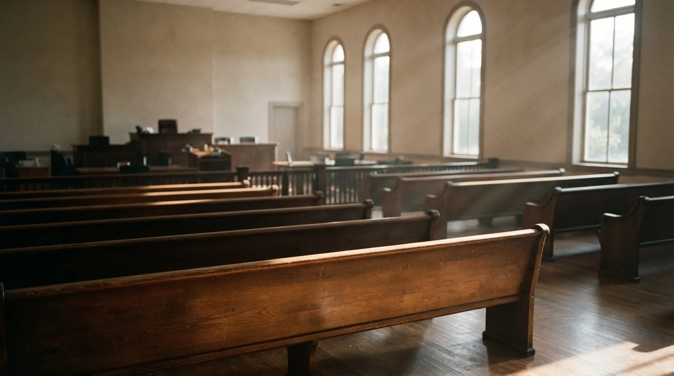 Una sala de tribunal vacía con bancos de madera a la luz de la mañana