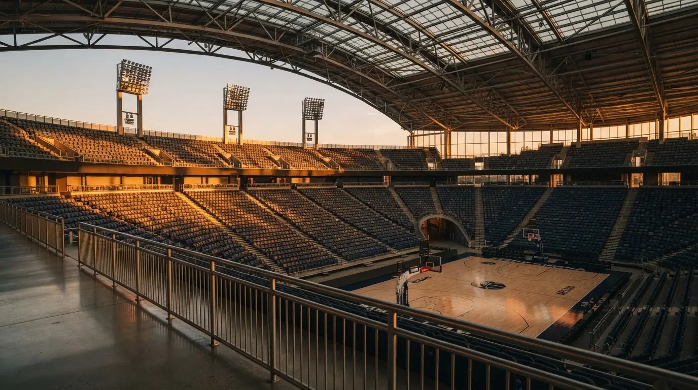 Un estadio de fútbol vacío con torres de iluminación al atardecer