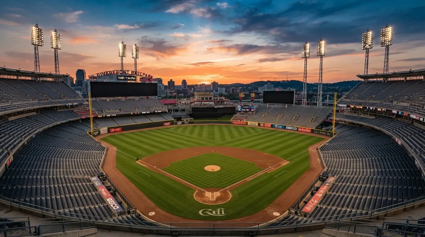 Un estadio de fútbol vacío con torres de iluminación al atardecer