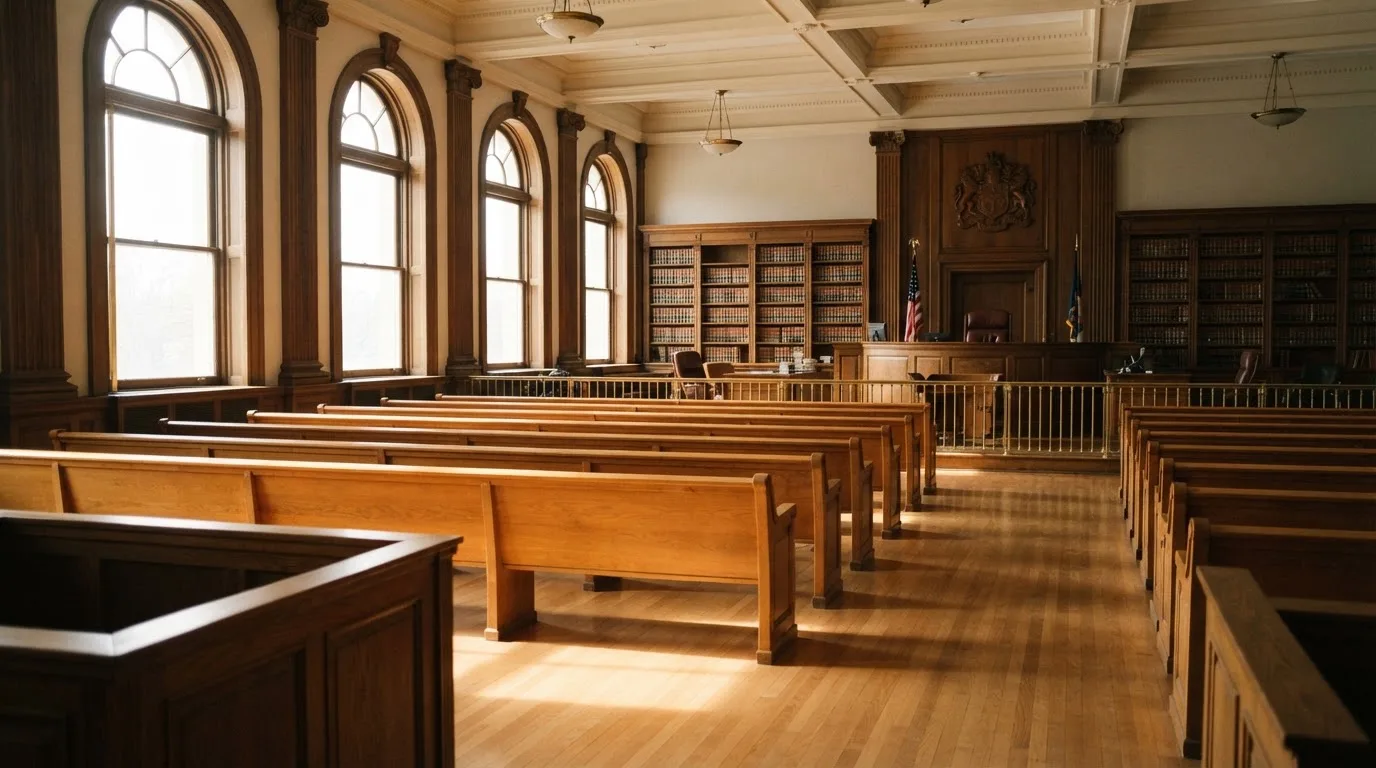 Una sala de tribunal vacía con bancos de madera a la luz de la mañana