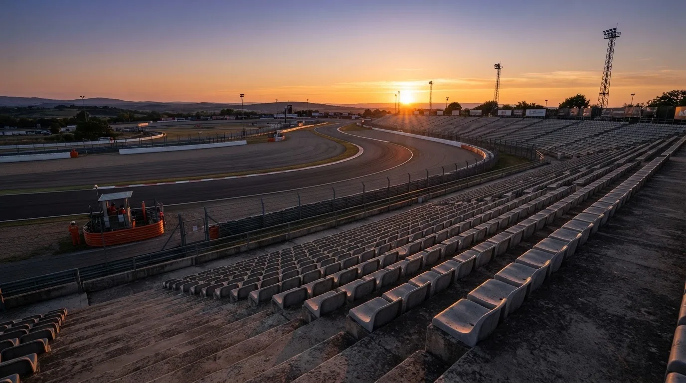 Un estadio de fútbol vacío con torres de iluminación al atardecer