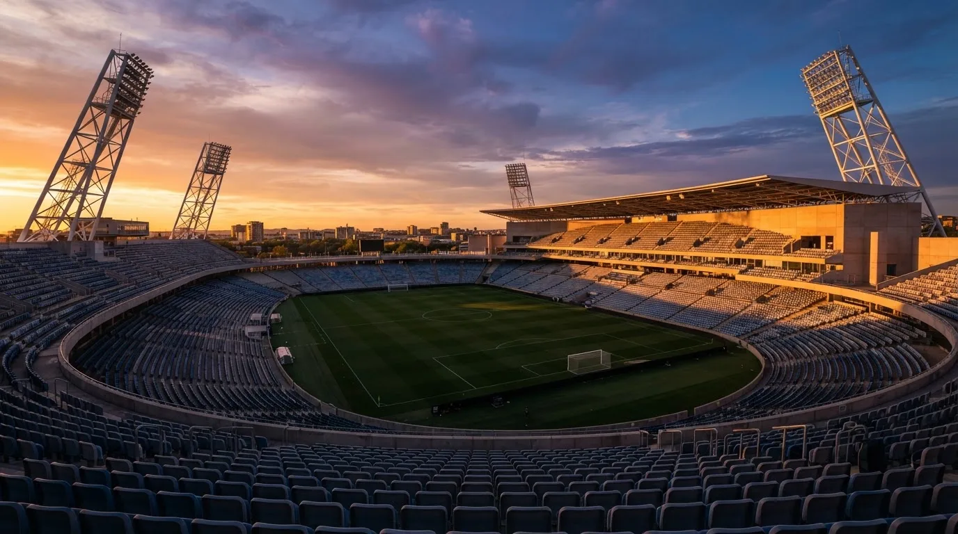 Un estadio de fútbol vacío con torres de iluminación al atardecer