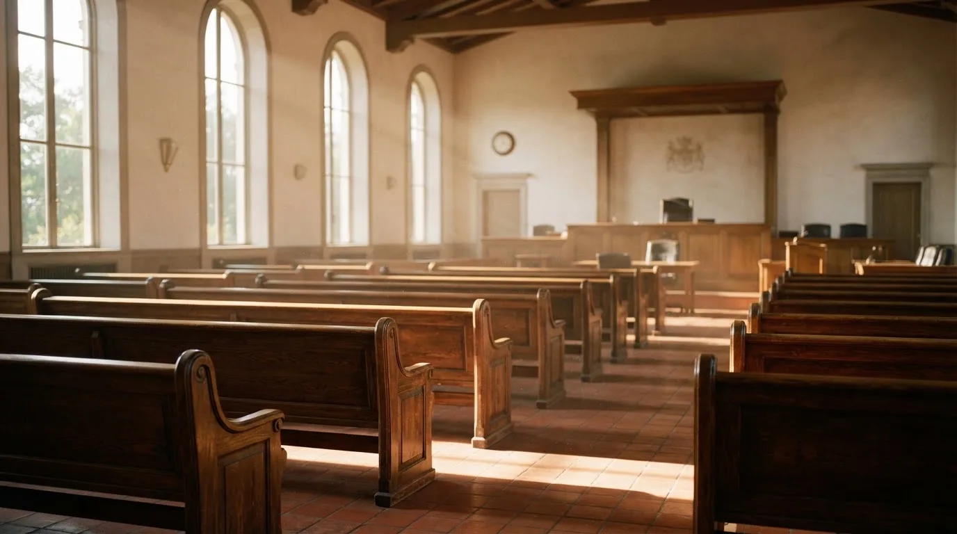 Una sala de tribunal vacía con bancos de madera a la luz de la mañana