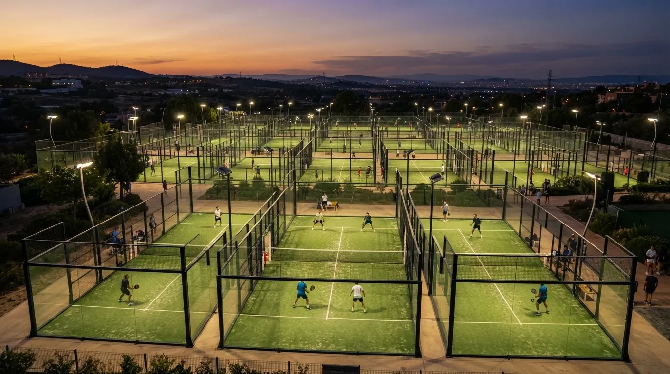 Un estadio de fútbol vacío con torres de iluminación al atardecer