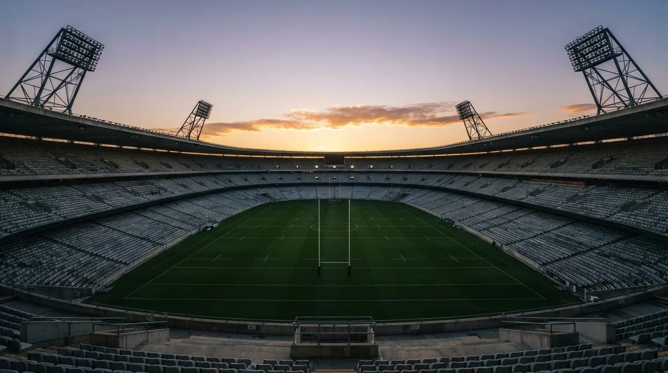 Un estadio de fútbol vacío con torres de iluminación al atardecer