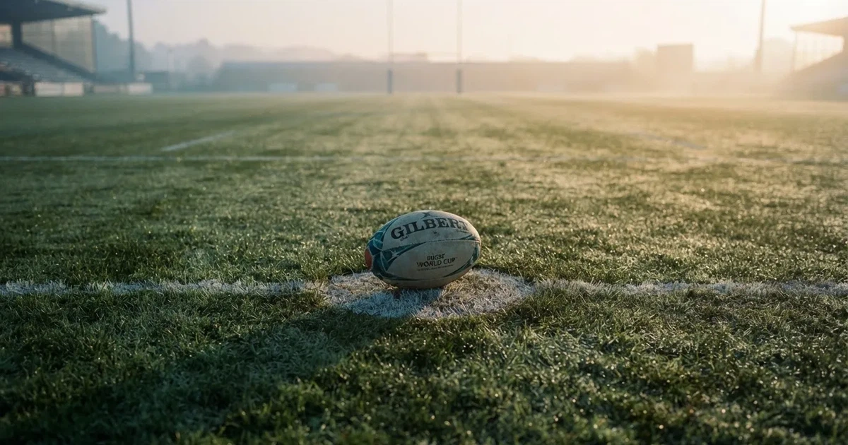 Un balón en el punto central de un campo de césped a la luz de la mañana