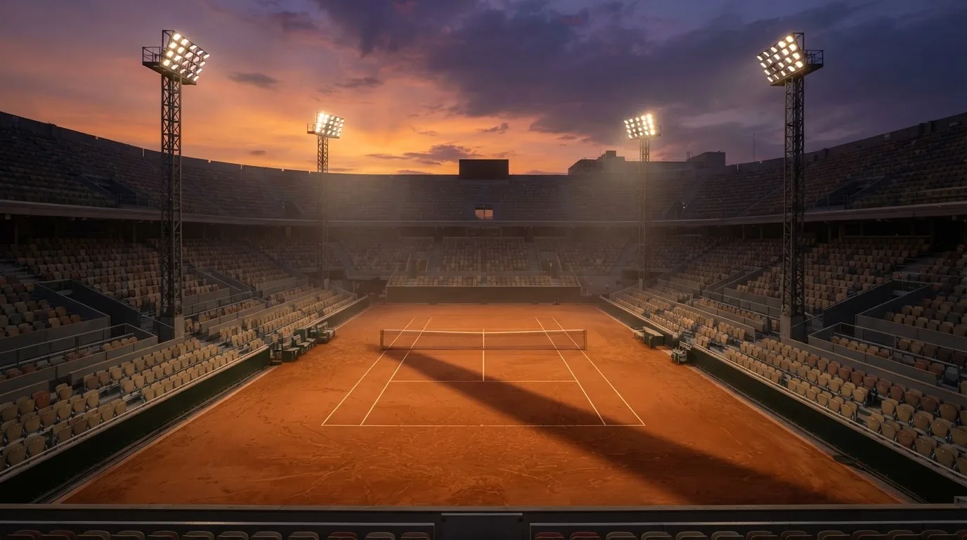 Un estadio de fútbol vacío con torres de iluminación al atardecer