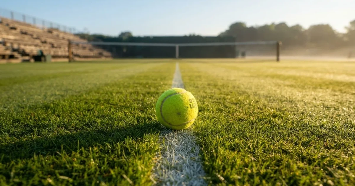 Un balón en el punto central de un campo de césped a la luz de la mañana