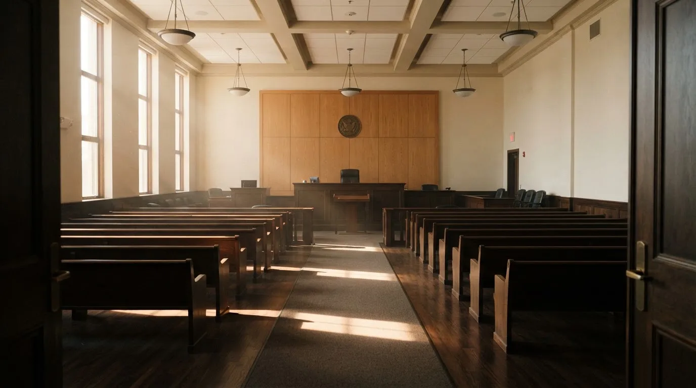 Una sala de tribunal vacía con bancos de madera a la luz de la mañana