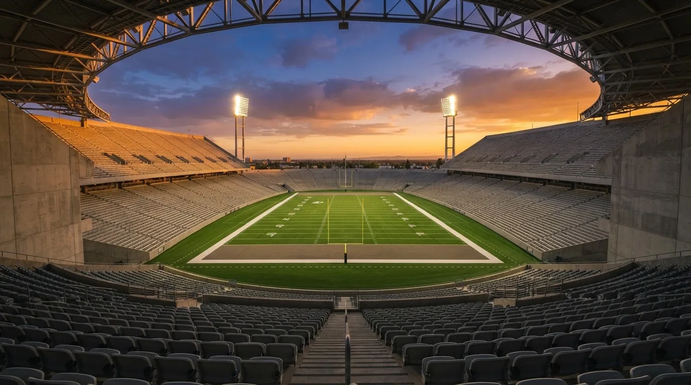 Un estadio de fútbol vacío con torres de iluminación al atardecer