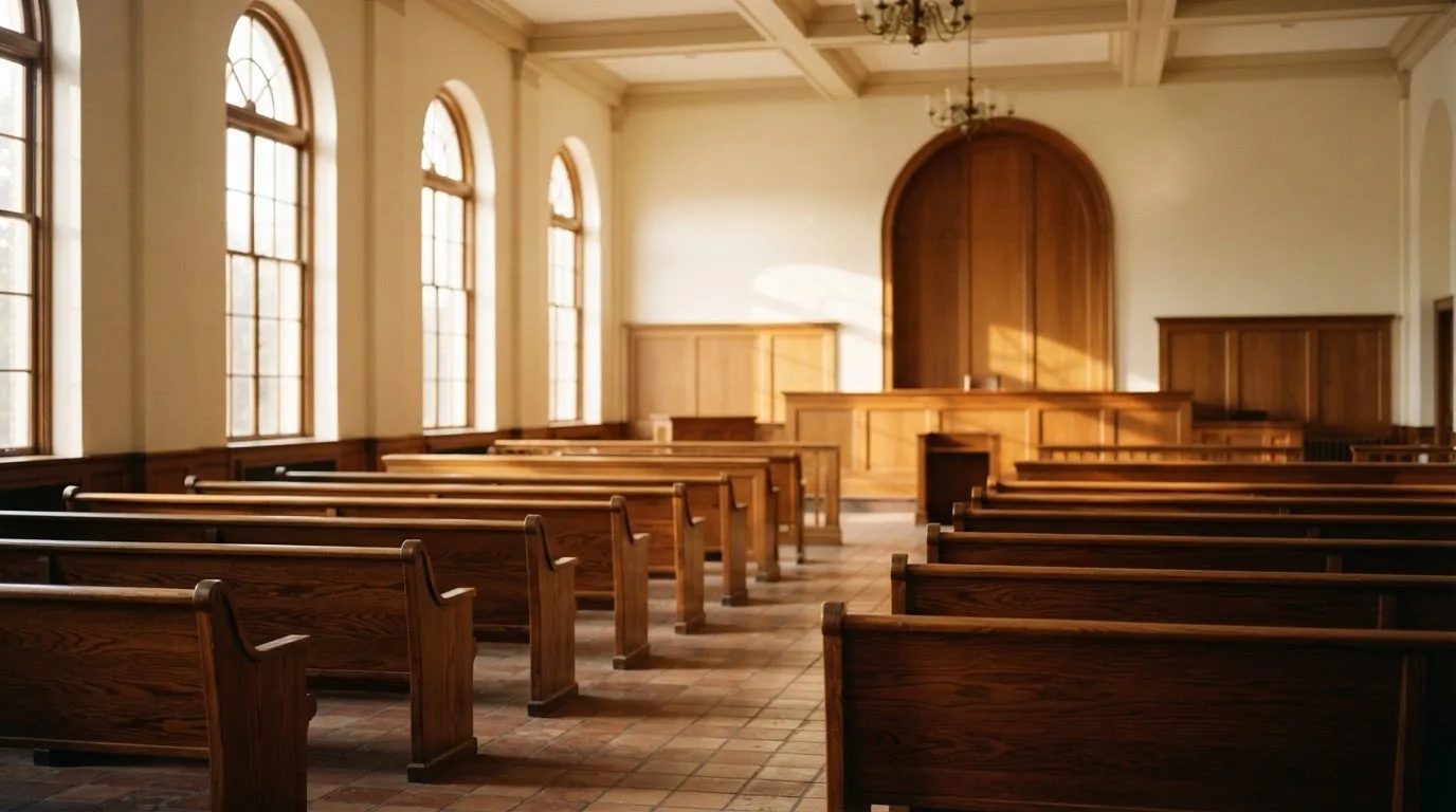 Una sala de tribunal vacía con bancos de madera a la luz de la mañana