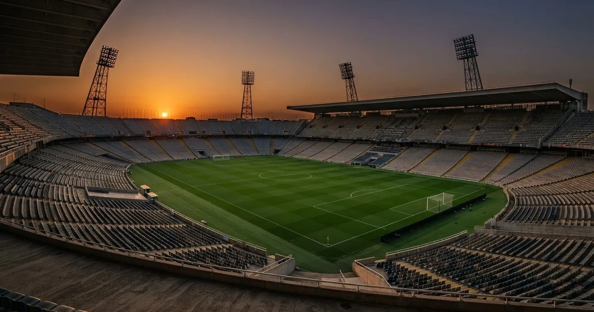 Un estadio de fútbol vacío con torres de iluminación al atardecer