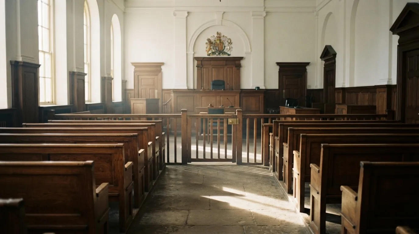 Una sala de tribunal vacía con bancos de madera a la luz de la mañana