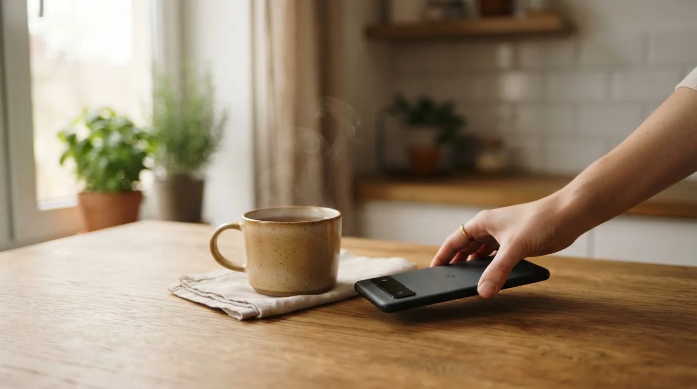 Una mano deja un móvil junto a una taza de té sobre la mesa de la cocina, una tarde tranquila