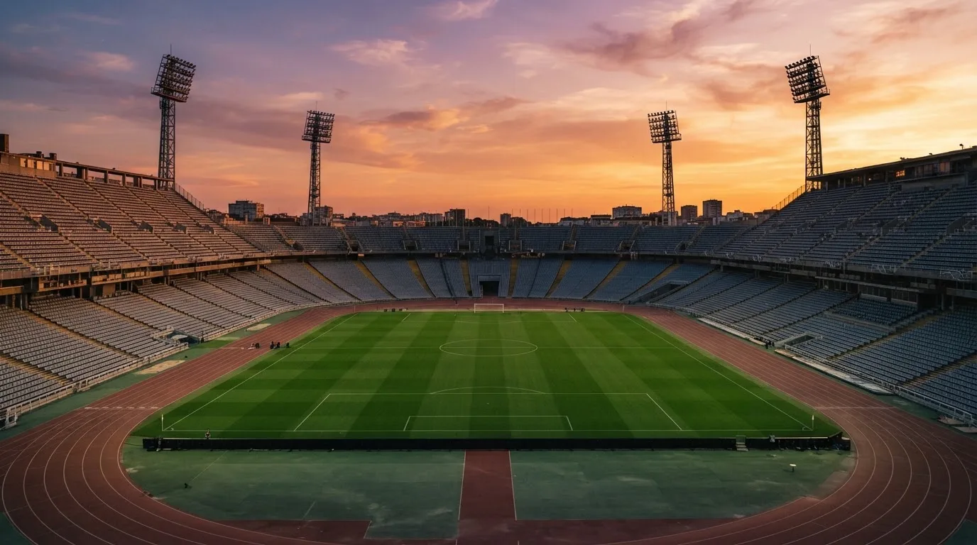 Un estadio de fútbol vacío con torres de iluminación al atardecer