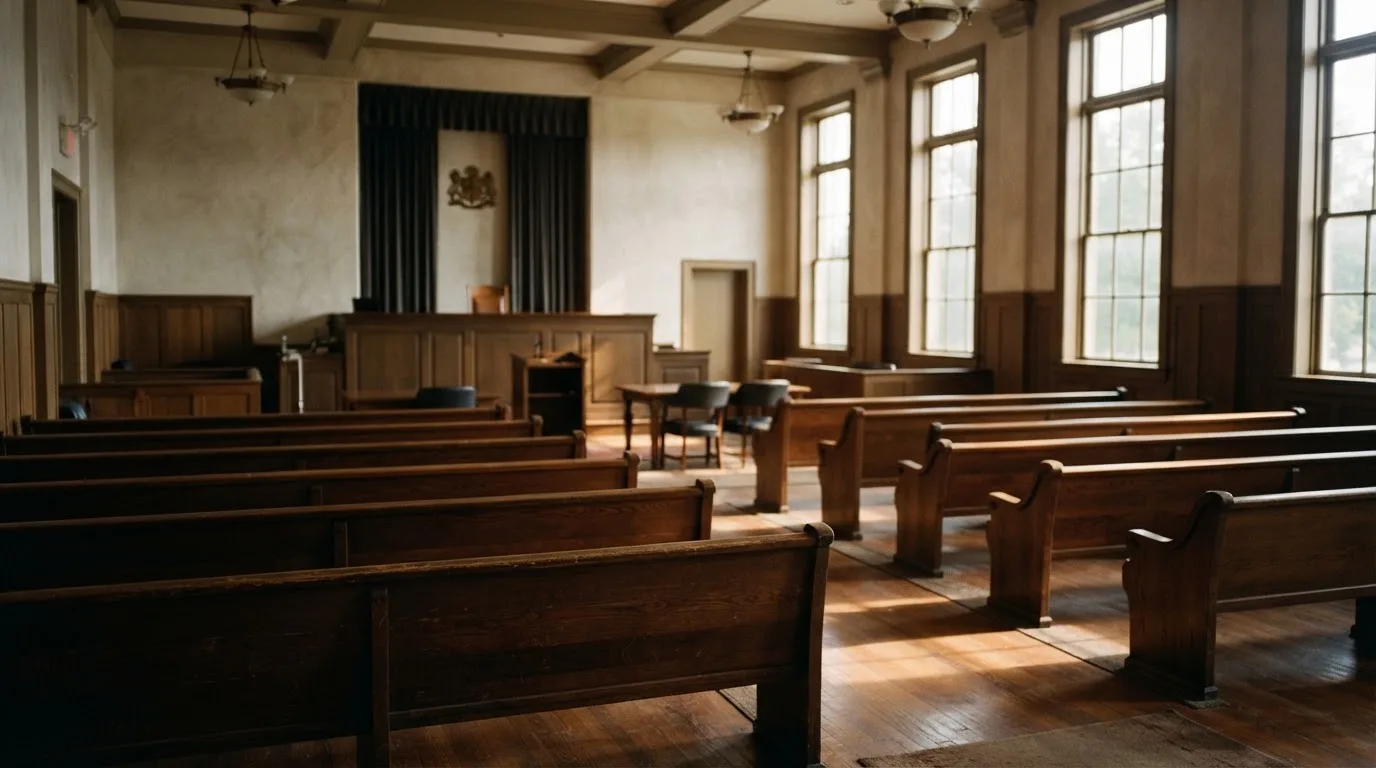 Una sala de tribunal vacía con bancos de madera a la luz de la mañana
