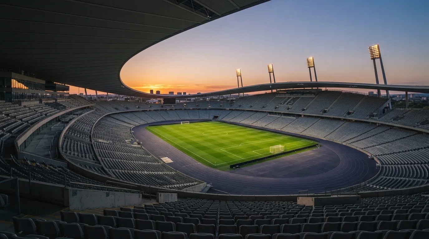 Un estadio de fútbol vacío con torres de iluminación al atardecer