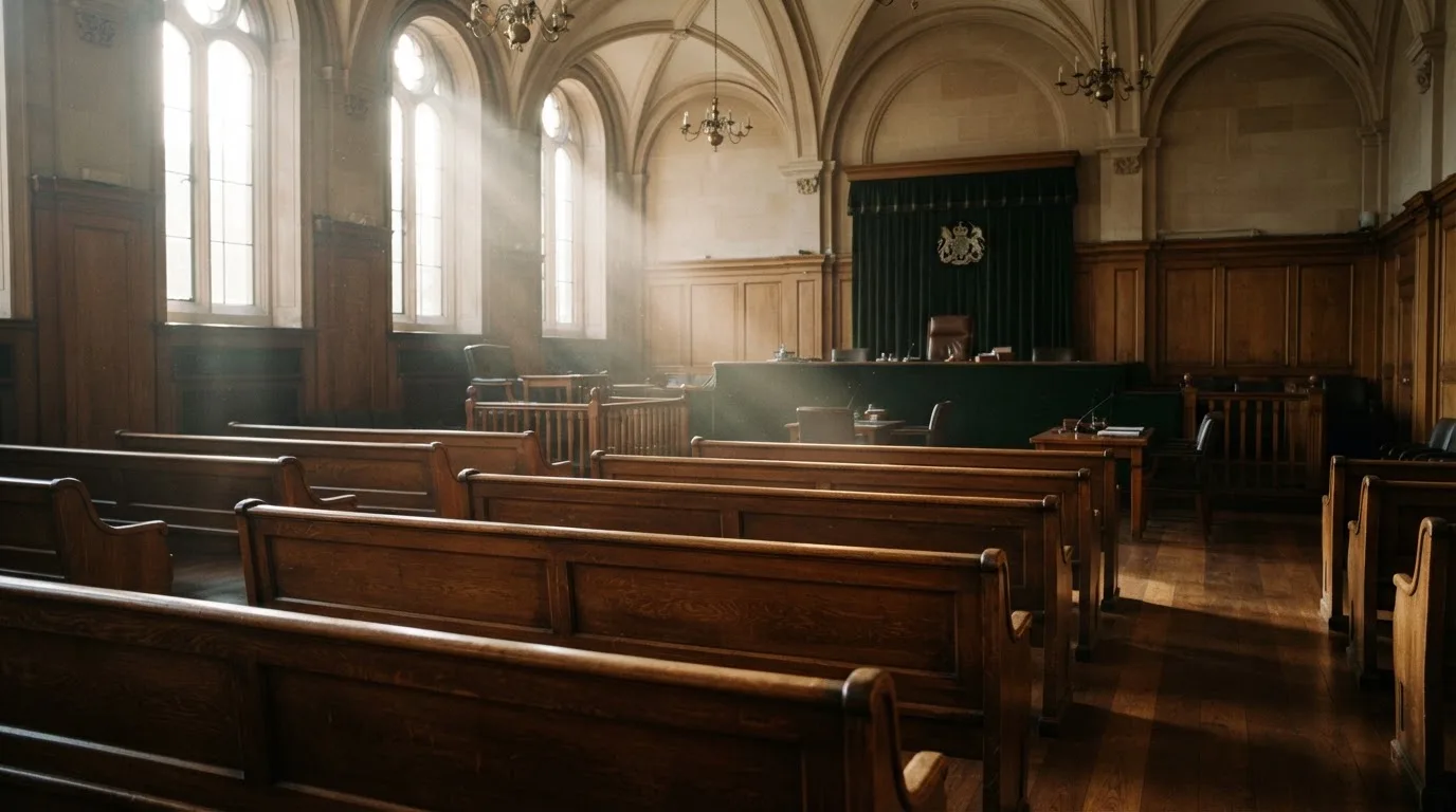 Una sala de tribunal vacía con bancos de madera a la luz de la mañana
