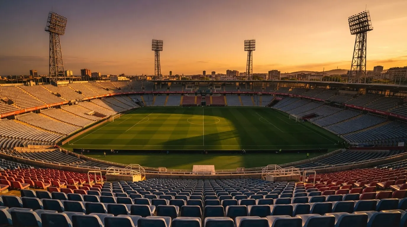 Un estadio de fútbol vacío con torres de iluminación al atardecer