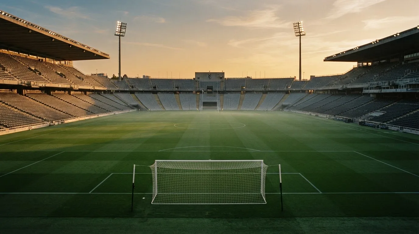 Un estadio de fútbol vacío con torres de iluminación al atardecer