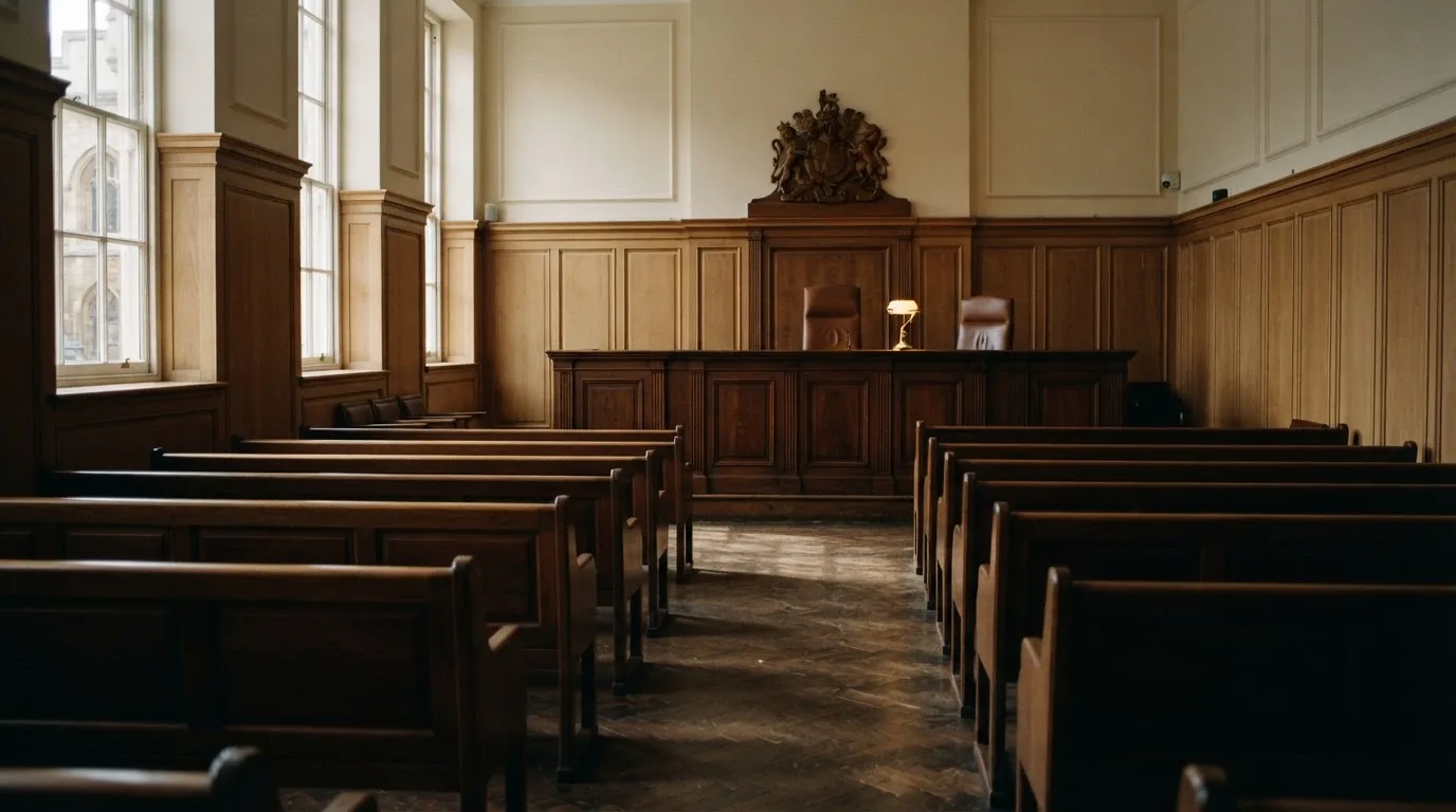 Una sala de tribunal vacía con bancos de madera a la luz de la mañana