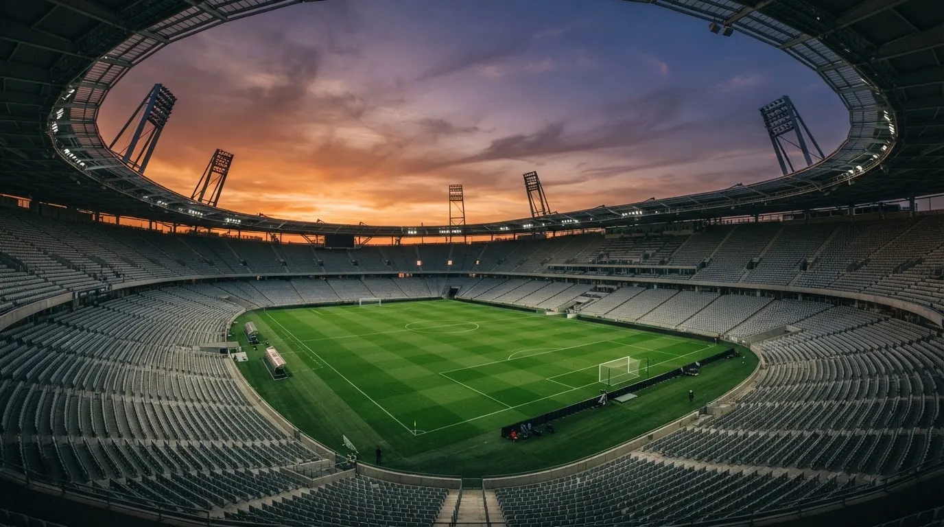 Un estadio de fútbol vacío con torres de iluminación al atardecer