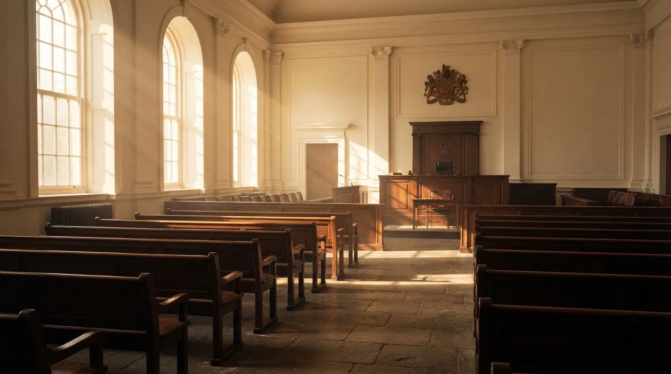 Una sala de tribunal vacía con bancos de madera a la luz de la mañana