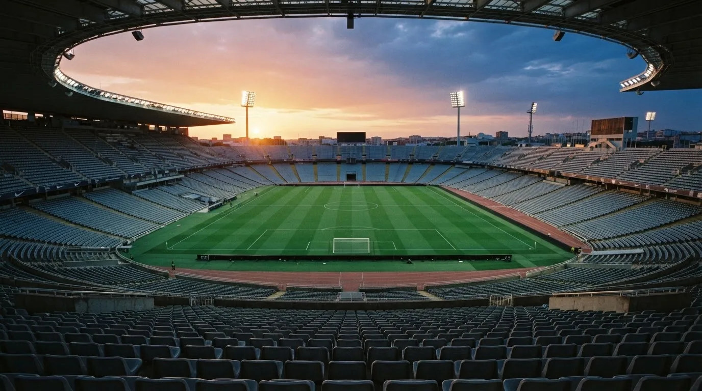 Un estadio de fútbol vacío con torres de iluminación al atardecer